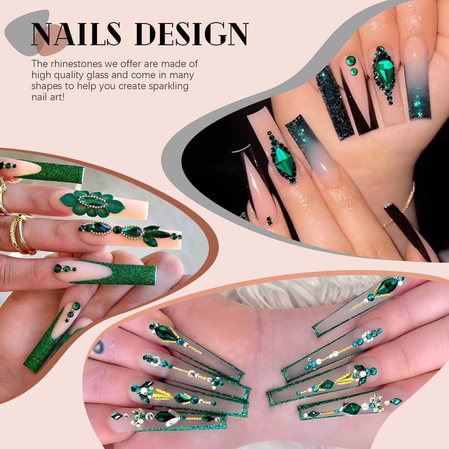 2680Pcs Emerald Green Glass Nail Rhinestones 120Pcs Multi Shapes Flatback Nail Gems + 2560Pcs 1.5-4mm Round Crystal, Manicure Nail Charms Diamond Gemstone for Acrylic Nails Decoration