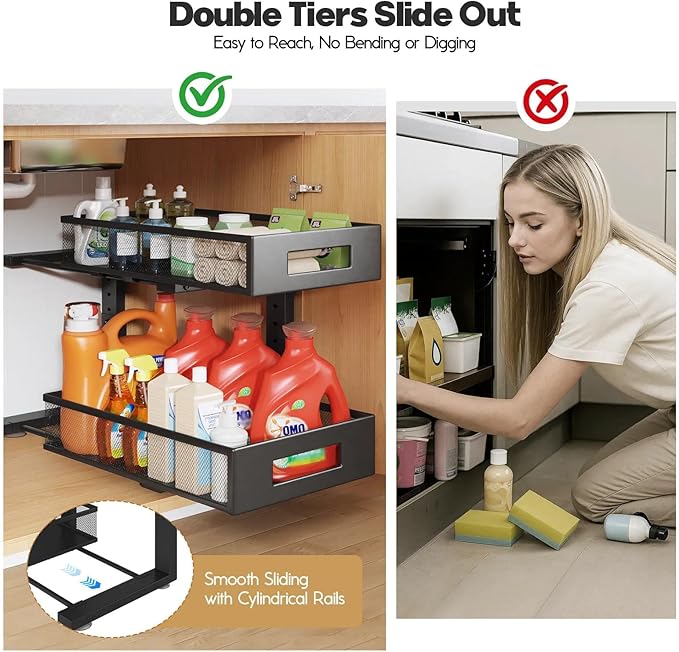 1 Pack 19IN Depth Under Sink Organizer, 2-Tier Pull Out Cabinet Organizer With Smooth Circular Rail, Large Capacity Metal Mesh Sliding Drawers For Bathroom& Kitchen Storage,Height Adjustable-Black