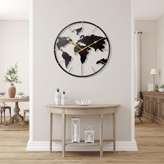 Large World Map Wall Clock, Metal Minimalist Modern Clock, Round Silent