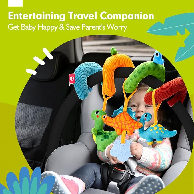 hahaland Car Seat Toys for Babies 0-6 Months Boy Stroller Toy Dinosaur | Baby Toys 0-6 Months - Rattle, Mirror, Crinkle, Squeaky, Developmental Carseat Toy Hanging Travel Birthday Gift for Infants
