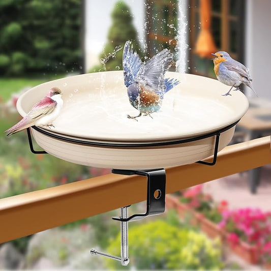 AUHOKY Bird Bath Deck Mounted Bowl 11 Inches, Balcony Railing Birdbaths Unheated, Bird Bath Fence Clamp Detachable (White)