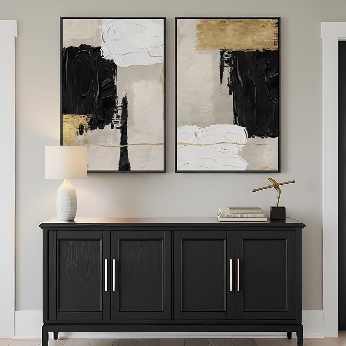 Framed Black White and Gold Abstract Wall Art