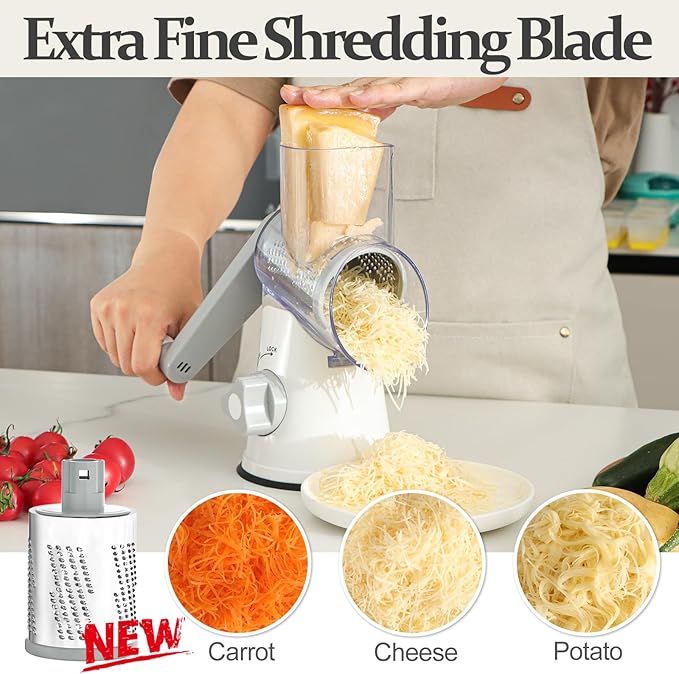 Cambom Rotary Cheese Grater Hand Crank Cheese Shredder for Fresh Cheese, Vegetable, Nuts,Non-slip Suction Base, Five Blades, White