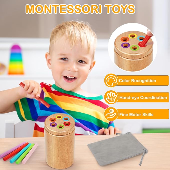 Montessori Toys for 1-3 Year Old, Travel Toys for Toddlers Wooden Color Sorting Stacking Toy for 18+ Month Old Boys Girls Learning Gift for 2-4 Year Old Kids Christmas Birthday Stocking Stuffers