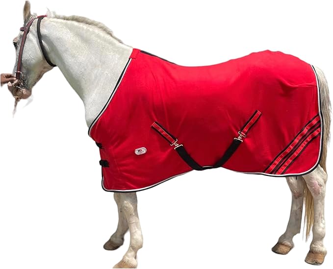 Majestic Ally Anti Pill Fleece Horse Blanket/Sheet with Silver Braided Rope (Red, 74)