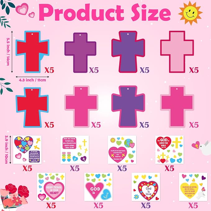 BeYumi Valentine Cross Craft Kit - 123Pcs Valentine's Day Cross Craft Kit DIY Christian Religious Hanging Ornament Make Your Own Sunday School Decoration Home Classroom Party Art Supplies for Kids