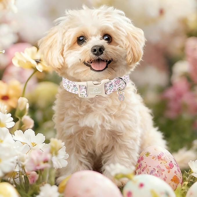Easter Dog Collar for Small Dogs - Easter Egg Pastel Dog Collars, Cute Girl Dogs Collar, Lightweight Adjustable Pink Spring Holiaday Dog Collars with Quick Release Buckle S