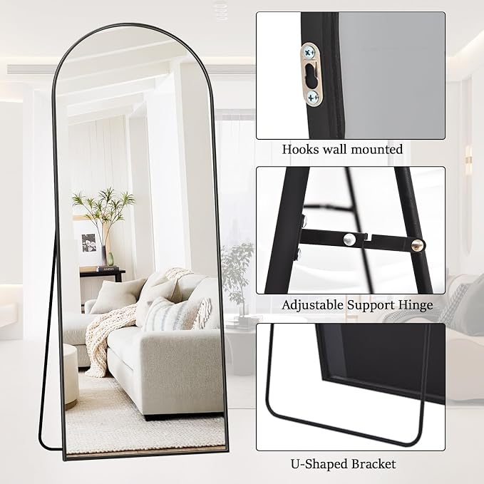 Rowjut Full Length Mirror Arched Floor Length Mirrors, Aluminum Frame