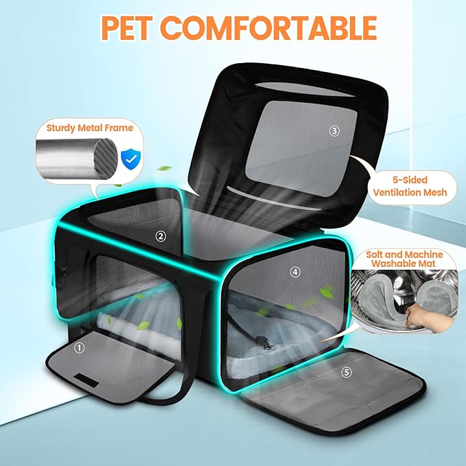 Petskd Top-Expandable Pet Carrier with Wheels 19x13x9 Inches Southwest Allegiant Airlines Approved, Soft-Sided Carrier for Small Dog Under 12 lbs and Large Cat Under 15 lbs(Black)
