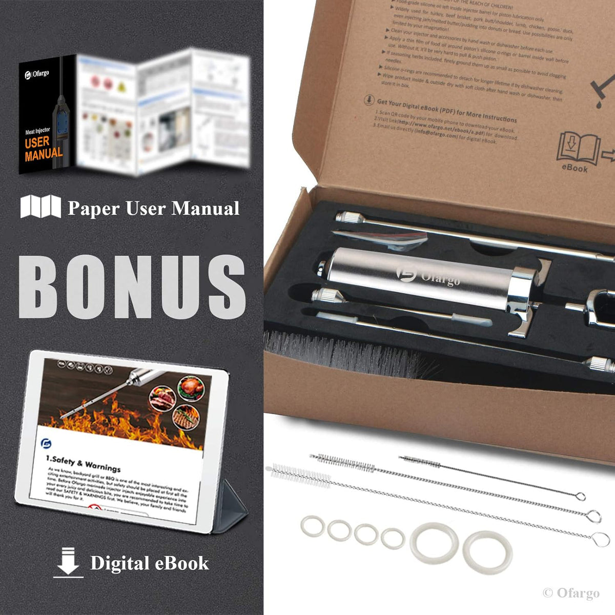 Ofargo Stainless Steel Meat Injector Syringe Kit with 4 Marinade Needles for BBQ Grill Smoker, Gifts for Men Dad Husband in Thanksgiving Christmas Day, 2-oz Large Capacity, Both Paper User Manual and E-Book Recipe
