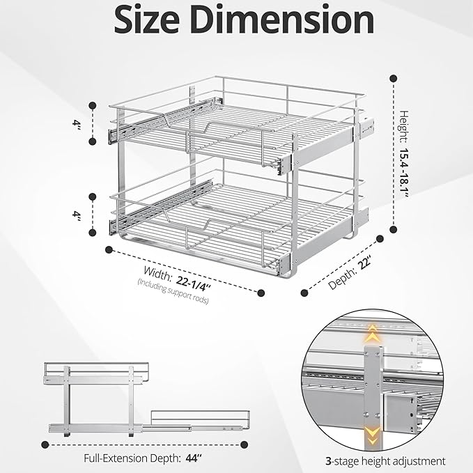 ZOINLIY Pull Out Cabinet Organizer, Versatile Slide Out Kitchen Organizers and Storage,Heavy Duty Drawer Cupboard Storage Basket, Smooth Sliding, Chrome Finish (2-Tiers-22¼''W×22“D)