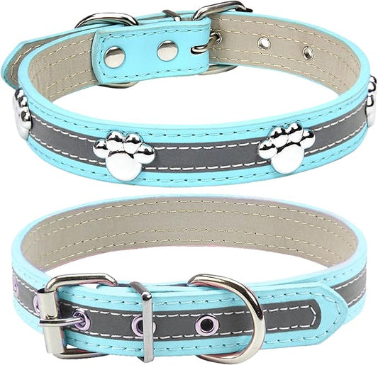 PETCARE Reflective Dog Collar with Cute Paw Rivet Studded Funny Soft PU Leather Adjustable Puppy Dog Collars for Small Medium Large Dogs Cats (Blue,Medium)