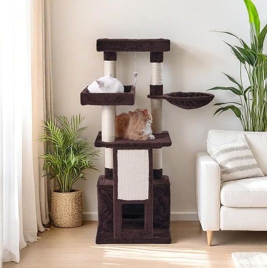 Cat Tree, 50.31-Inch Cat Tower for Indoor Cats, Cat House with Padded Platform Bed, Toy Mouse Ball, Large Cozy Condo, Hammocks and Sisal Scratching Posts for Kittens Play, Brown