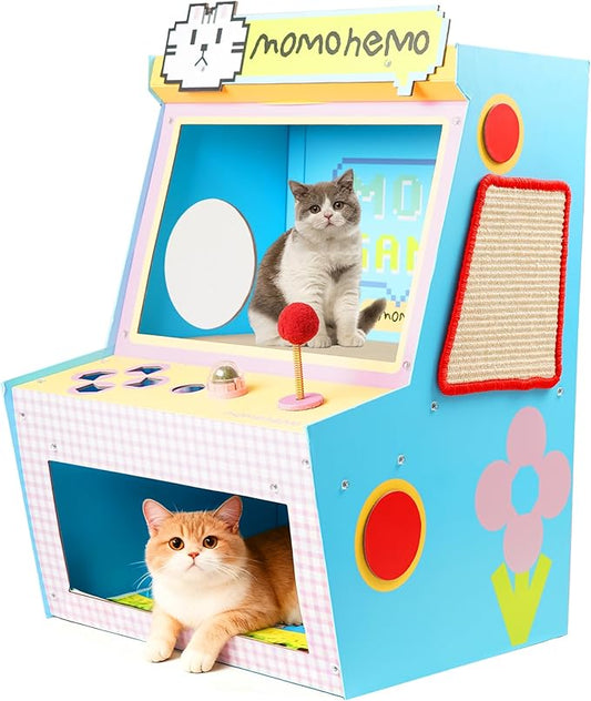Cat House with Bed & Scratcher - Multi-Level Cat Activity Center Tower for Indoor Cats, Gaming Console Design Cat Condo with Sisal Scratching, Cat Scratcher & Mat, Cardboard Tree & Toys