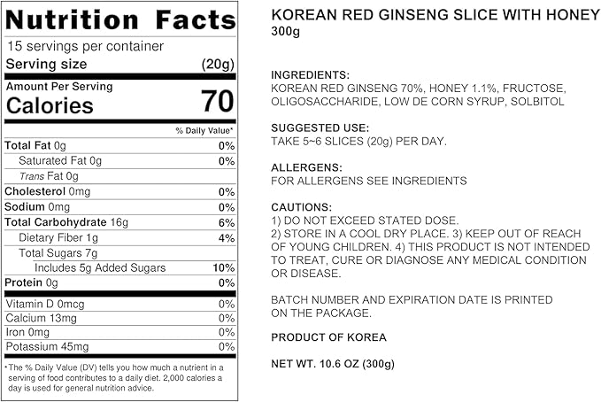 Pocheon 300g(10.6oz) 6Years Korean Panax Red Ginseng Slice with Honey, Saponin, Natural Immune Support