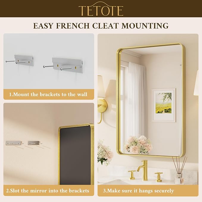 TETOTE 60 x 40 Inch Brushed Gold Frame Mirror, Brass Bathroom Vanity Mirror
