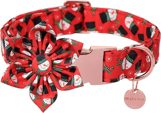 Christmas Dog Collar with Flower, Christmas Flower Collar for Puppy Girl Boy Dog or Cat, Comfortable Dog Collar Flower with Durable Metal Buckle, Cute Pet Collar, S