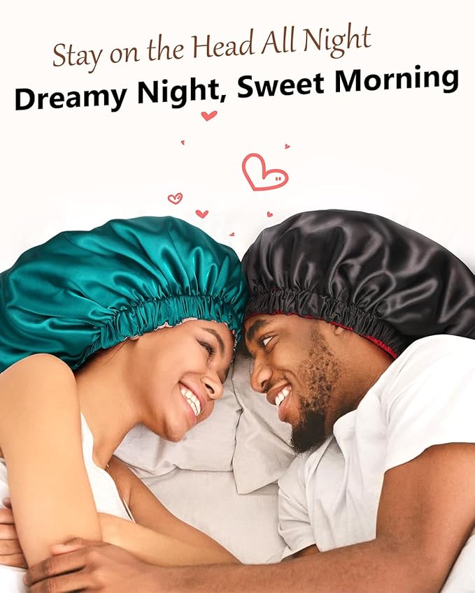 mikimini Satin Bonnet for Men and Women, Reversible Double Layer Sleeping Bonnet for Hair Braids with Anti-slip Adjustable Elastic Band Super Soft (XL, Black/silver)