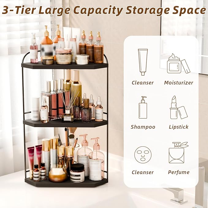 Corner Bathroom Counter Organizer, 3-Tier Wood Countertop Organizer for Perfume, Makeup Storage, Skincare Organizers for Vanity, Counter Corner Shelf for Kitchen, Bathroom, Dresser (Black)