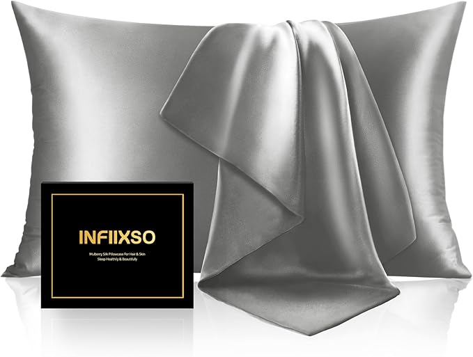 INFIIXSO Silk Pillow Cases 2 Pack Standard Size, Ultra Smooth & Soft Mulberry Silk Pillow Case for Hair and Skin, Breathable Cooling Silk Pillowcase with Hidden Zipper (Dark Grey, 20x26 Inches)