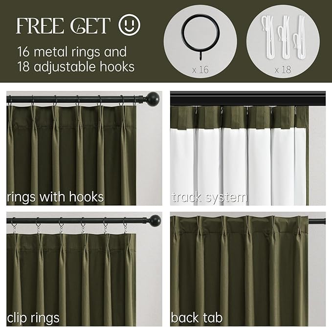 Topfinel 90 Inches Long Olive Green Curtains for Bedroom,Linen Pinch Pleat Light Blocking Forest Green Curtains, Room Darkening Modern Spring Hunter Green Moody Drapes 2 Panels Set with Hooks Rings