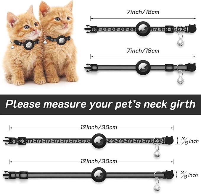 2 Pack Airtag Cat Collar Breakaway with Bell,Reflective Kitten Collar with Apple Airtag Cat Collar Holder,Adjustable 7-12In,Safety Buckle for Girl Boy Cats,Pet Supplies,Accessories,Gifts (Gray)