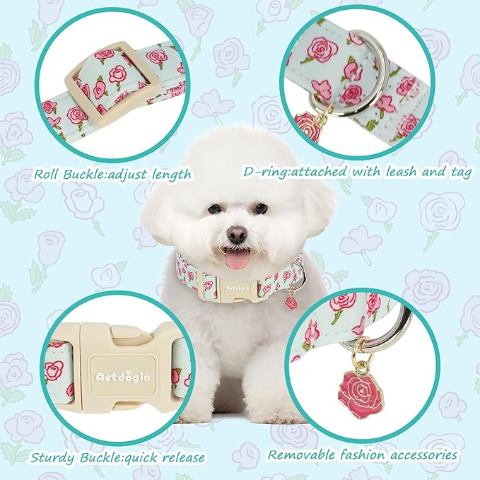 Dog Collar for Extra Small Dogs, Spring &Summer Theme Blue Small Dog Collars with Pink Rose Pattern, Adjustable Puppy Dog Collars, Cute Girl or Boy Dog Collar Ideal for Gifts,Pet Accessory