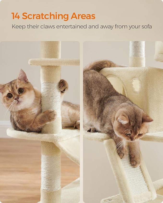 Feandrea Cat Tree, 66.1-Inch Large Cat Tower with 13 Scratching Posts, 2 Perches, 2 Caves, Basket, Hammock, Pompoms, Multi-Level Plush Cat Condo for Indoor Cats, Beige UPCT165M01