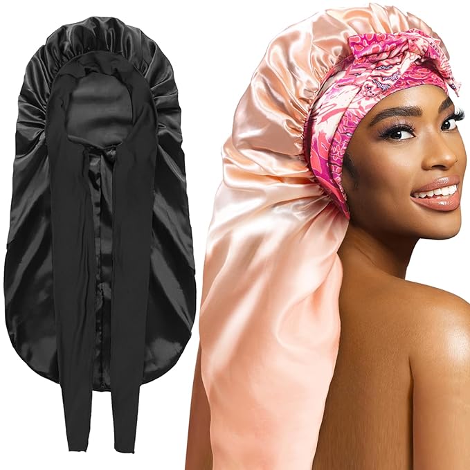 2Pcs Bonnets for Women Sleeping Braid Bonnet, Large Long Satin Silk Bonnet for Braids,Black Women Braid Bonnet with Stretchy Tie Band for Sleeping Extra Long (Black & Golden Pattern)