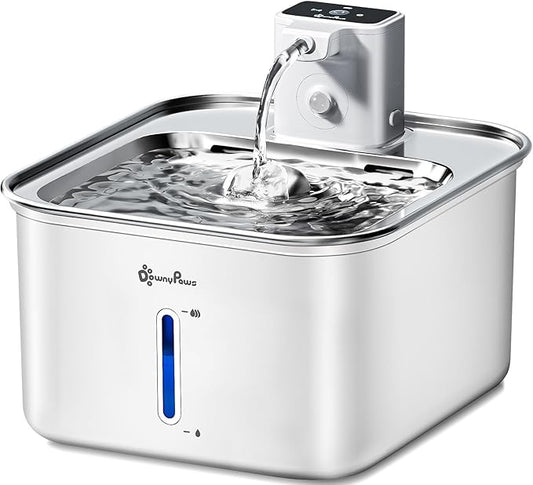 DownyPaws Cat Water Fountain Stainless Steel Wireless, 101 oz/3L FurSink Cordless Water Fountain for Cats, Battery Operated Cat Fountains for Drinking with Motion Sensor, Easy Clean, White