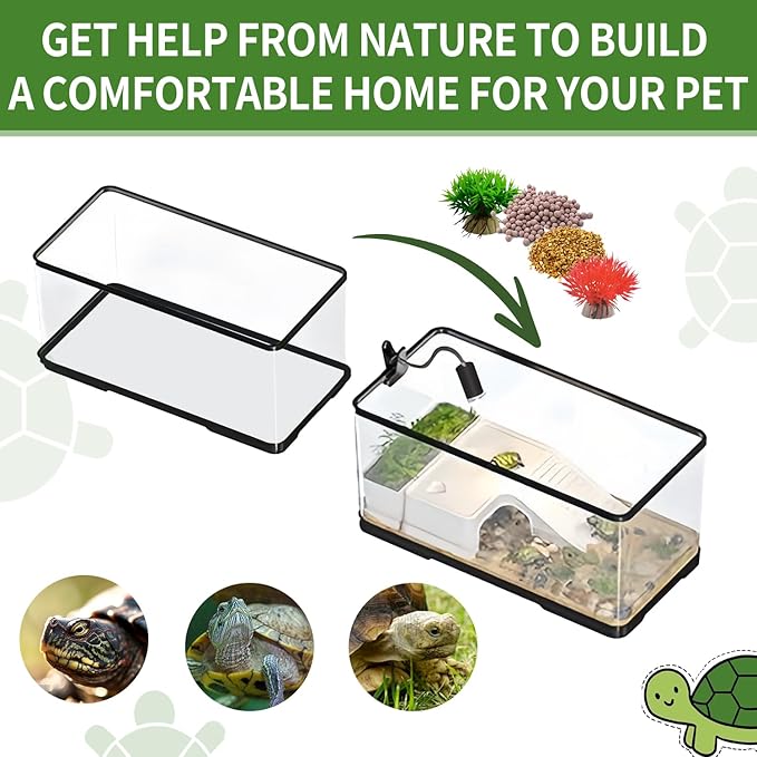 (Tank + Light + Filter + Filter Balls) Turtle Tank Kit, Turtle Tank Starter Kit,Bottom Drainage, Multi-Function Areas for Turtles, Crabs,Fishes, Amphibians,Reptiles.(21.65 × 12.28 × 12.28 Inch)