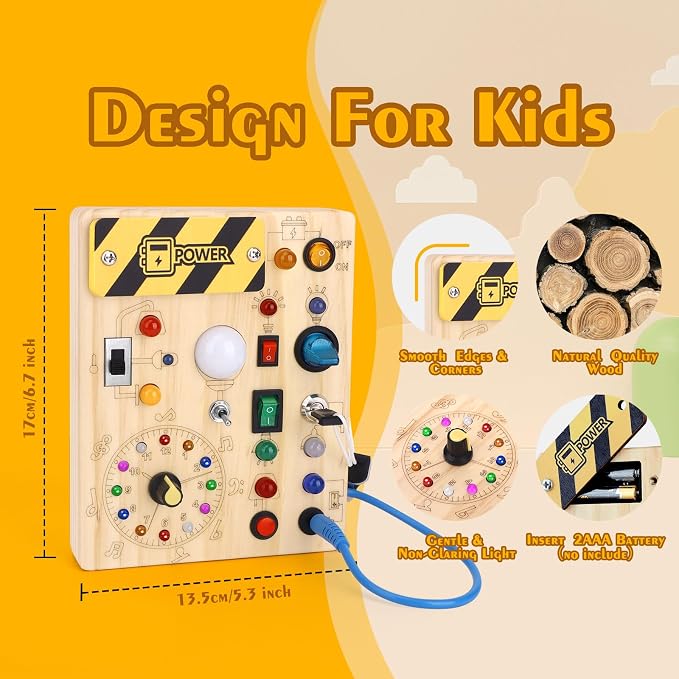 Montessori Toys Clock Wooden Busy Board with 11 LED Light switches, Tooddler Sensory Travel Toys for 1+ Year Old Baby and Toddler