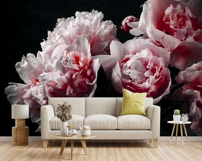 Black Peony Pink Floral Living Room Fabric Wallpaper Bedroom Bathroom Dark