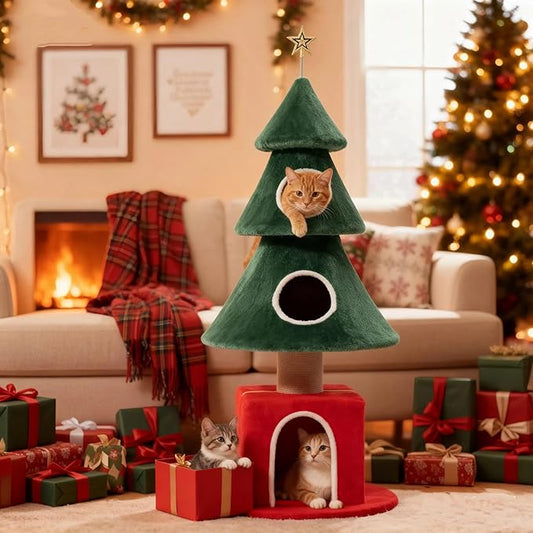 60" Tall Christmas Cat Tree with Three Entrances, Stable Christmas Cat Tower with Scratching Posts and Gift Box, for Indoor Cats (60" Tall)