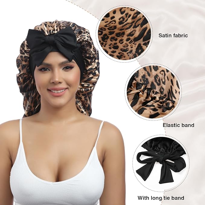 AWAYTR Long Satin Bonnet for Braids - Elastic Silk Hair Bonnets for Sleeping Night Cap Stretchy Tie Band for Women（Leopard）