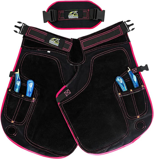 Equine Care Women’s Farrier Apron Chaps 23″ – Leather & Canvas, Adjustable 28–52″ Waist, EVA Padded Knees, Lumbar Support, 4 Knife Pockets & Nail Magnets for Hoof Trimming (Black with Pink Piping)
