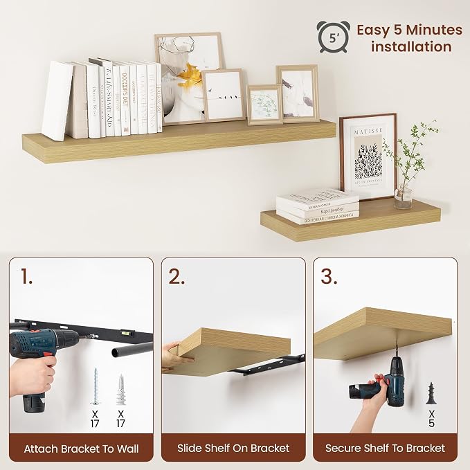 Vivelove 12 Inch Deep Floating Shelves 16 inch Long, 2 Inch Thick Wall Shelves