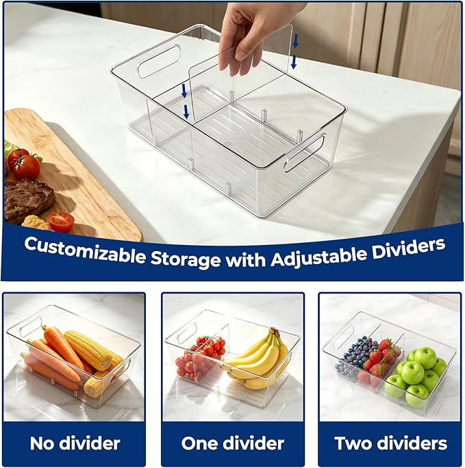 8 Pack Pantry Organizers and Storage, Food Storage Containers with 3 Removable Divider for Kitchen, Fridge, Cabinet Organization, Clear Plastic Storage Bins for Snacks, Spice Packets, Packets, Pouches