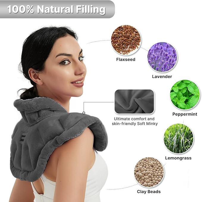 Neck Heating Pad Microwavable for Shoulders, Warmer Wrap Microwave Heating Pad for Neck and Shoulders for Pain Relief - Gray