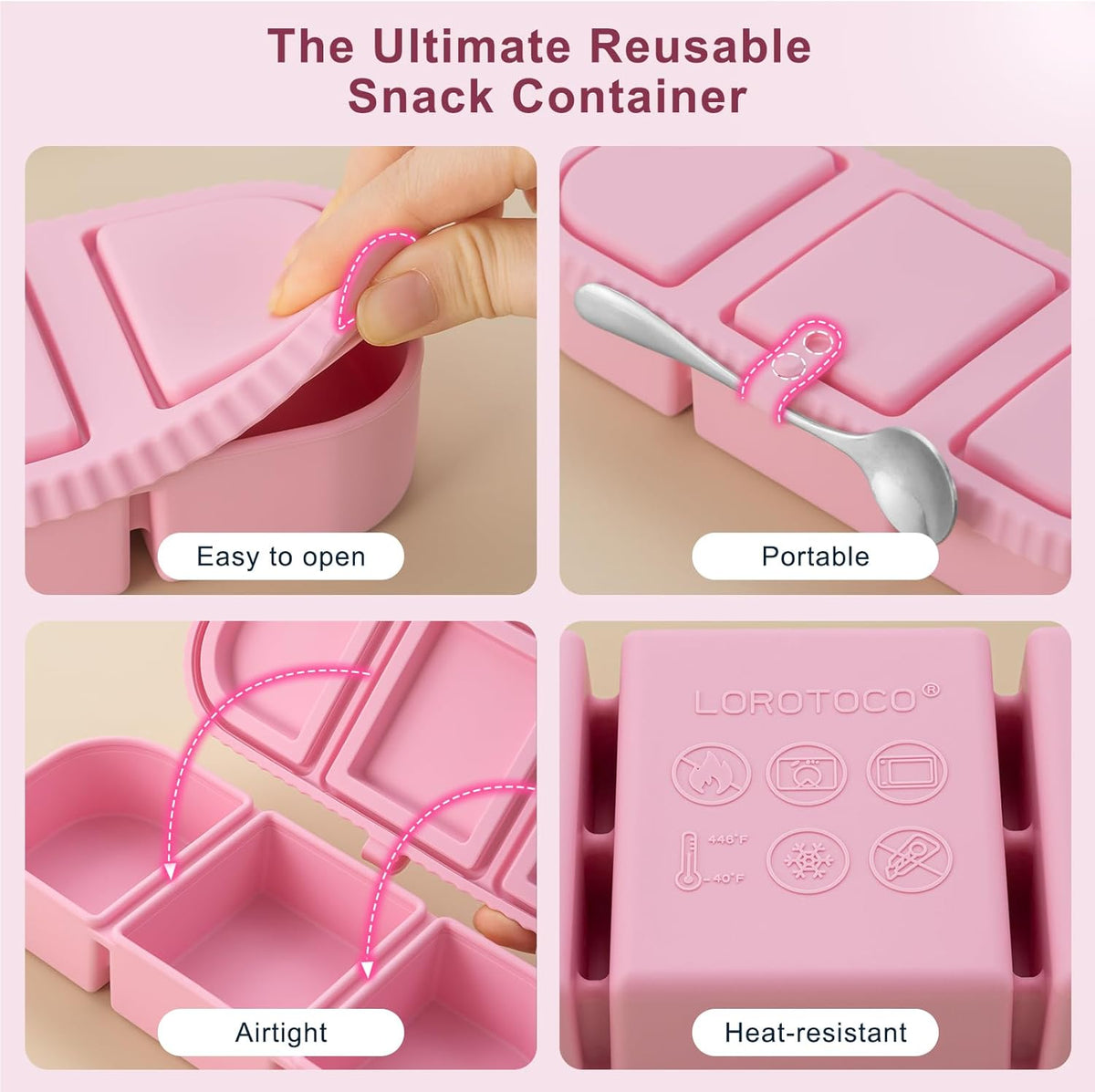 3Pack Silicone Reusable Snack Containers for Kids - 14 oz 3 Compartment Small Snackle Box with Lids for Lunch & Sauce, Food Storage for School, Travel, Work