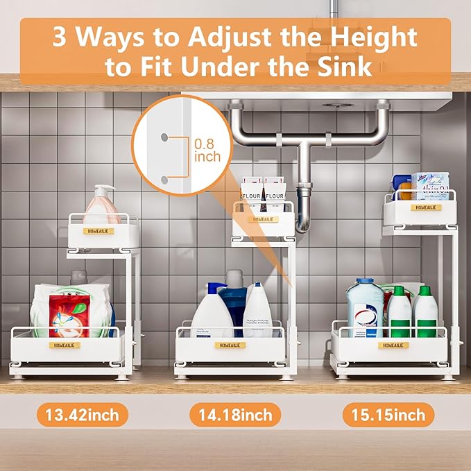Under Sink Organizer, High Adjustable 2 Tier Under Kitchen Sink Organizer, Multi-Purpose Storage Shelf for Kitchen Bathroom Cabinet, White