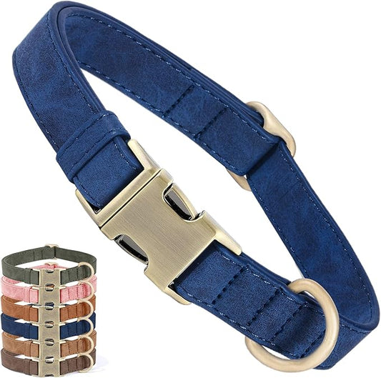 Genuine Leather Dog Collar - Adjustable Pet Collar with Quick Release Metal Buckle, Soft Skin Friendly Real Leather Collar for Small, Medium, Large Dogs (Blue, L：Fit 15-23" Neck)
