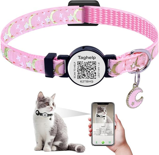 Smart Lost & Found System: Breakaway Cat Collar with Free Lifetime QR Code ID, Adjustable Reflective Kitten Collar (Stars & Moon) - No Monthly Fees, Pink Pet Safety (Pink)
