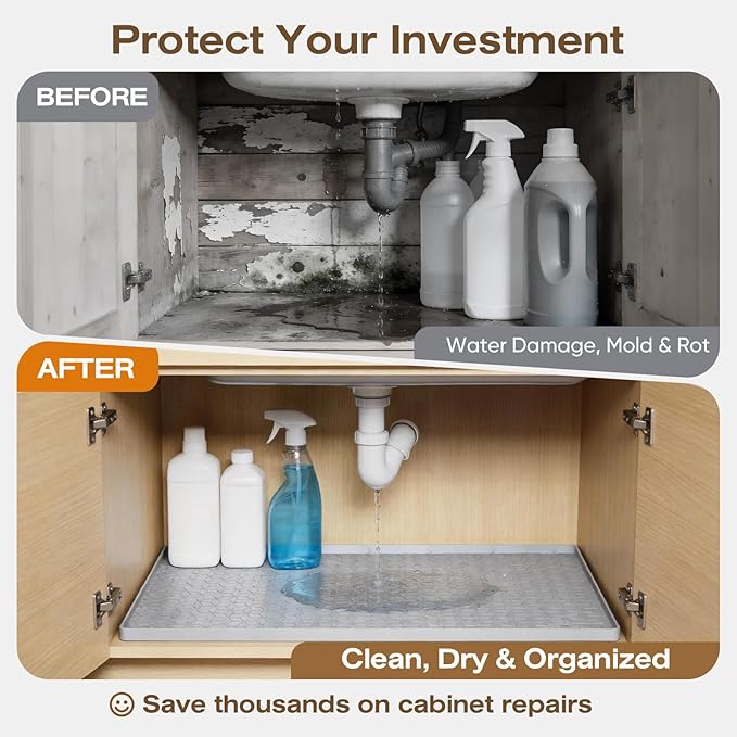 TRZZ Silicone Waterproof Under Sink Mat 28" x 19", Drip Tray and Cabinet Liner for Kitchen and Bathroom, Prevents Water Damage and Organizes Cabinets (Black)