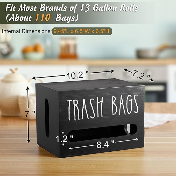 DRASTAR Trash Bag Dispenser, Large Wooden Trash Bag Holder Wall Mount, Black Roll Holder for for 13-gallon Plastic Garbage Bags Dispenser Countertop, Under Kitchen Sink Organization
