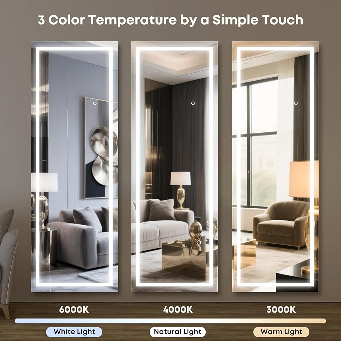 Kosmonia 59x16 Frameless Full Length Mirror, Dimmable 3 Color LED Light