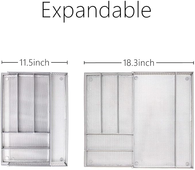 JANE EYRE Utensil Drawer Organizer - Expandable Cutlery Tray, Silverware/Flatware Storage Divider for Kitchen, Mesh Designing with Non-slip Rubber Feet (Silver)