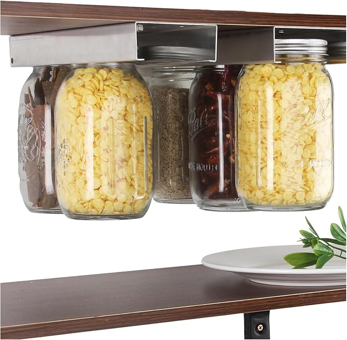 lopeztek Mason Jars Organizer, Canning Rack for 4 8 12 16 24 32 64 oz, Under Cabinet and Pantry Food Storage Hanger Accessories(2Pcs-Wide Mouth-Long)