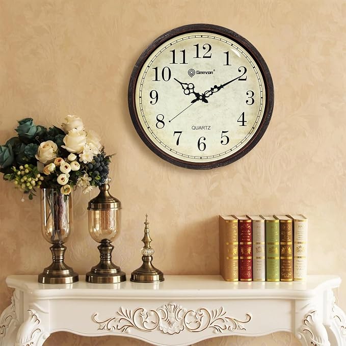 Geevon Vintage Brown Wall Clock, Silent 16" Non Ticking Wall Clock Battery