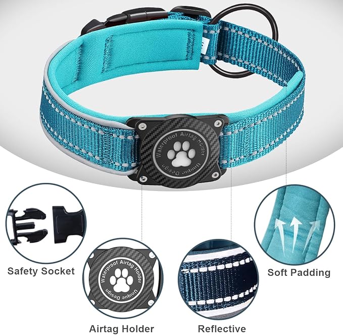 Airtag Dog Collar with Waterproof Air Tag Holder, Luminous Reflective, Soft Padded, Adjustable Nylon Pet Collar for Small Medium Large Heavy Duty Dogs,Blue, M